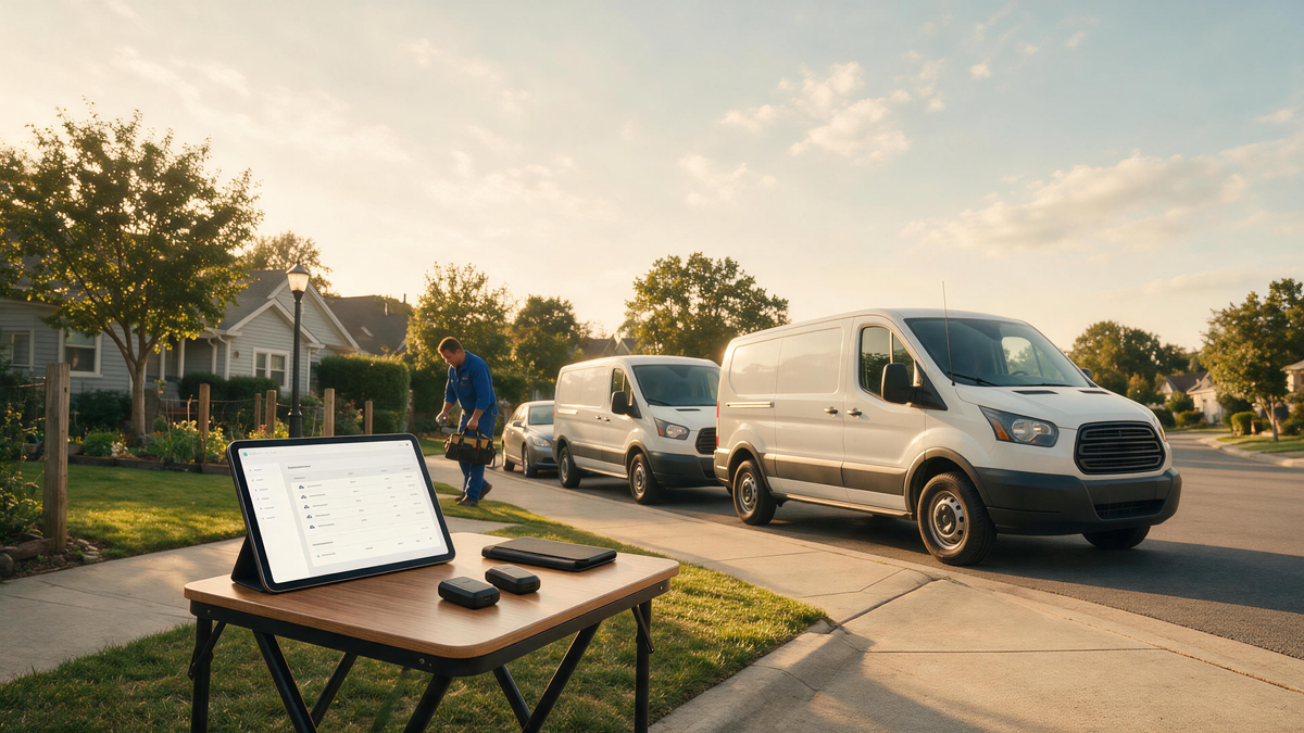 Business owner planning lifetime GPS tracker coverage for a mixed family and service-vehicle fleet parked outdoors