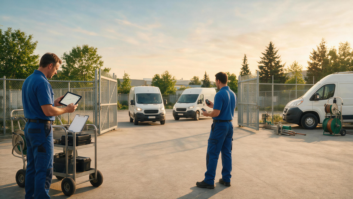 Plumbing dispatcher reviewing service van routes while the tracked fleet remains parked outdoors