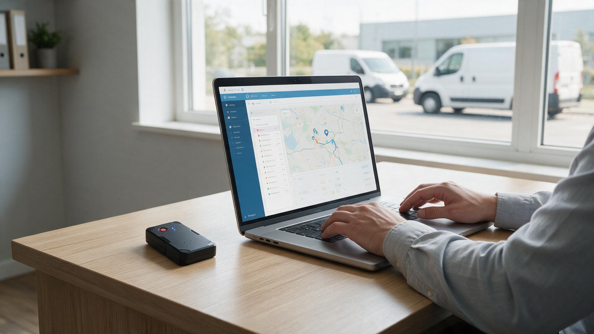 Dispatcher reviewing location and alert history instead of audio while tracked service vans remain parked outdoors