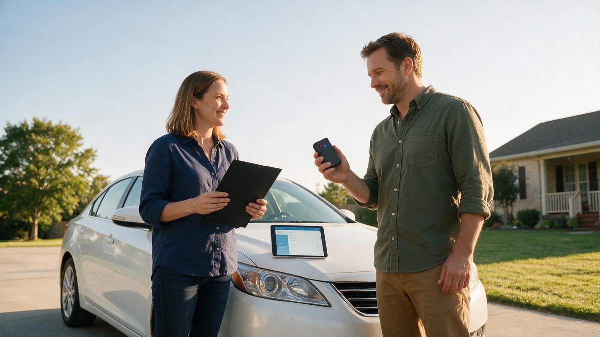 Family preparing GPS tracker documentation beside a sedan parked outdoors in the driveway
