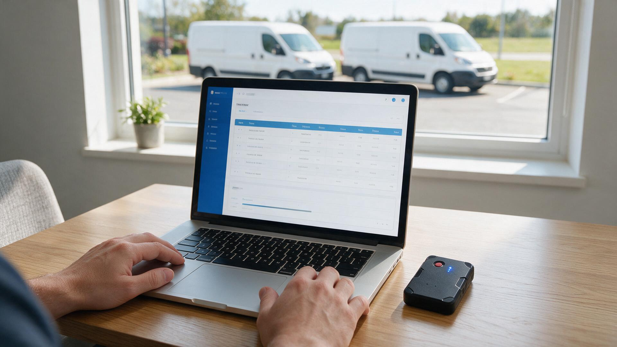 Business owner reviewing weekly GPS mileage records while tracked service vans remain parked outdoors