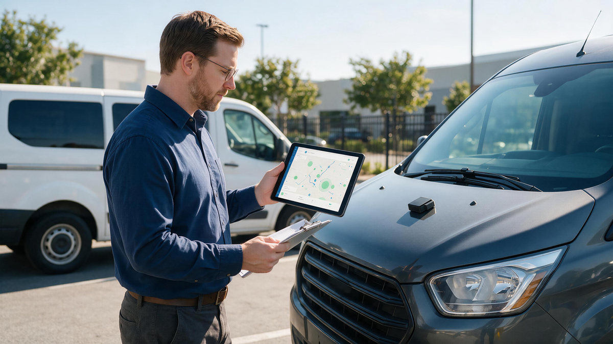 Dispatcher reviewing a GPS feature checklist beside two parked service vans outdoors