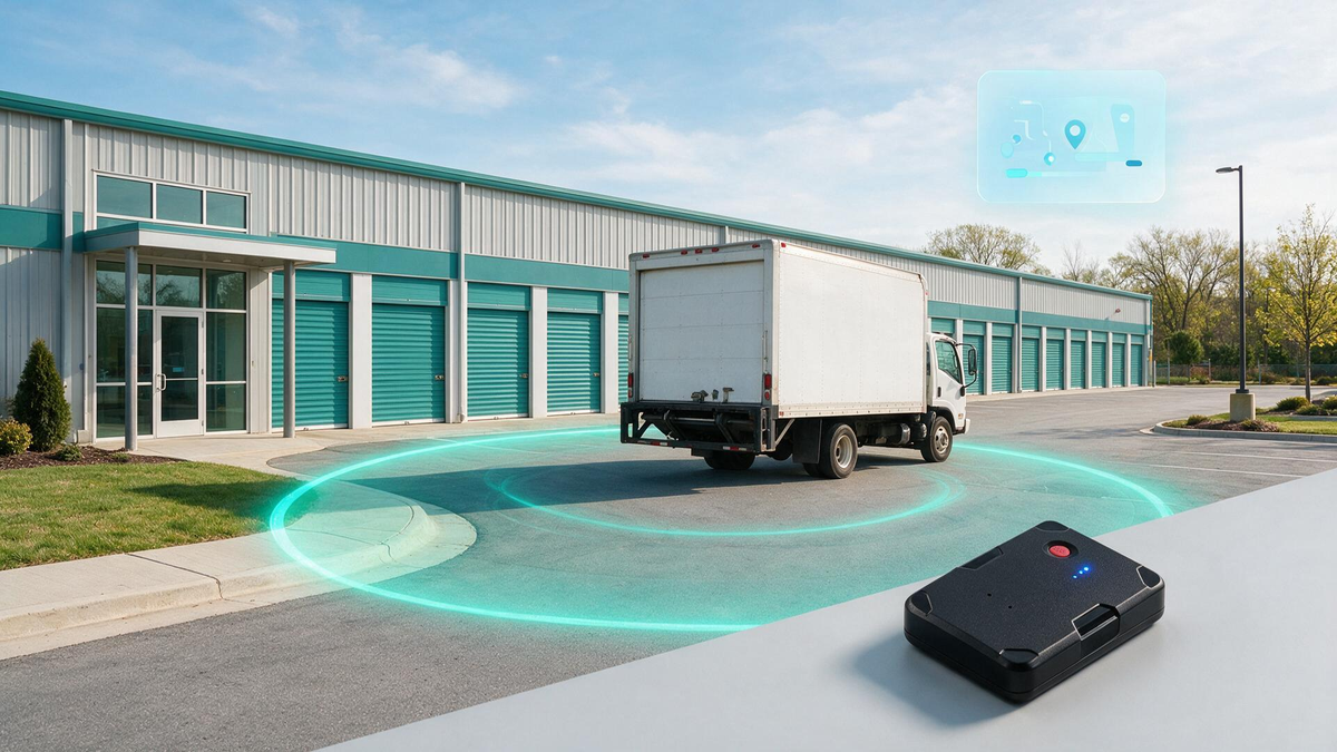 Moving-company truck entering a storage facility with a geofence route indicator