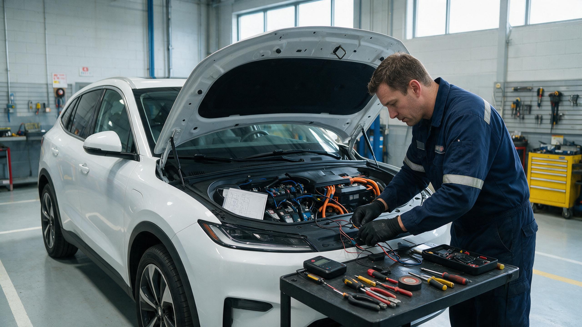 Technician preparing a low-voltage GPS tracker installation on an EV in a professional service garage