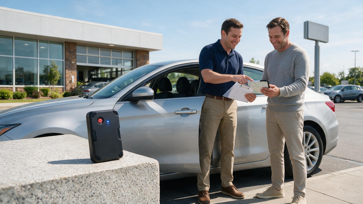 Salesperson explaining a test-drive vehicle tracking process to a customer outdoors
