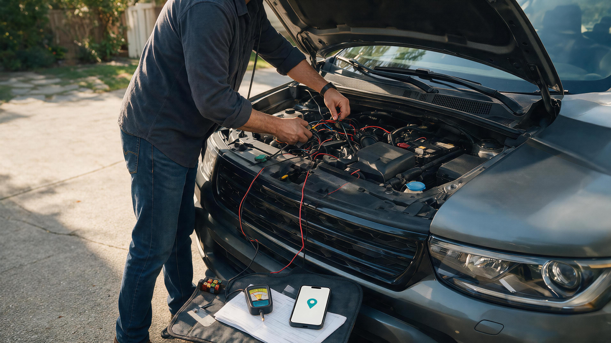 Hardwired GPS tracker installation and power inspection beside a parked vehicle