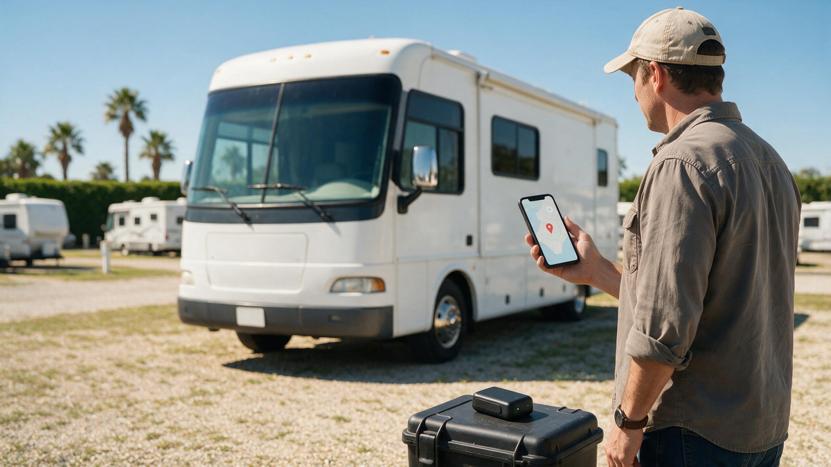 RV owner checking a GPS tracker beside a motorhome in an outdoor storage yard