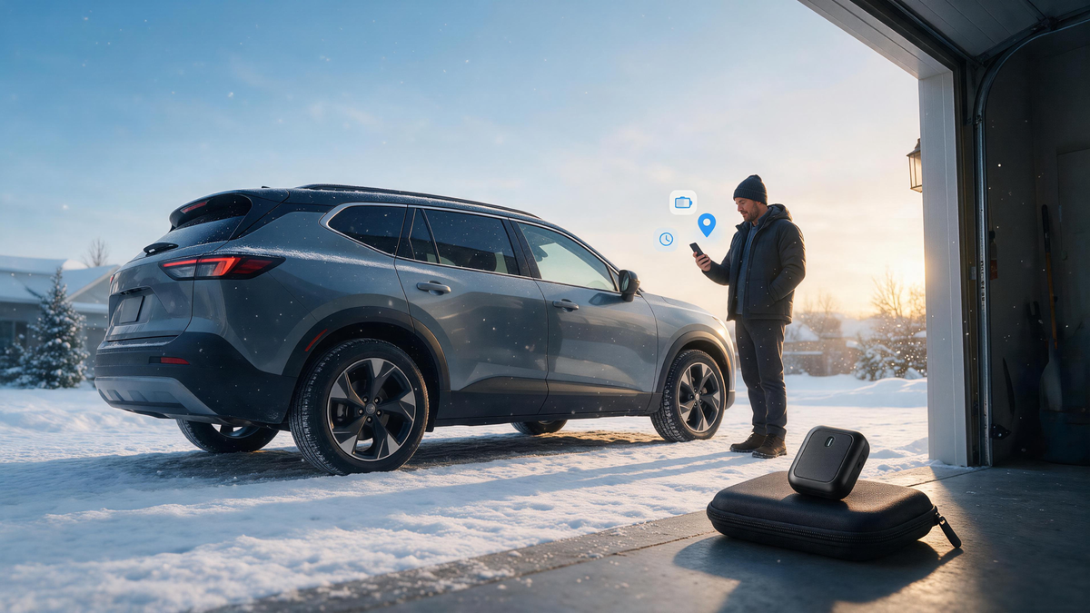 Owner checking a vehicle GPS tracker on a cold snowy morning