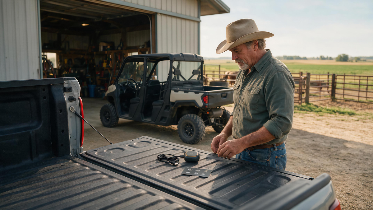 Owner inspecting a rechargeable GPS tracker beside a ranch UTV