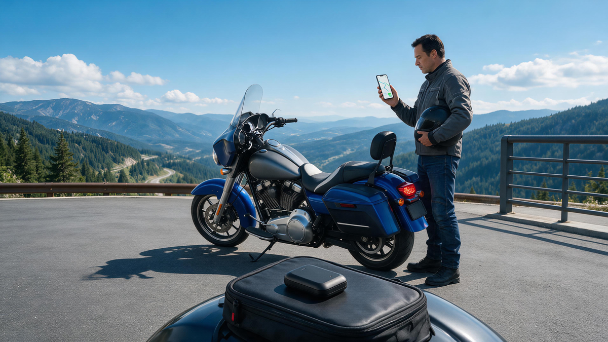 Motorcycle owner reviewing a GPS tracker after an open-road ride