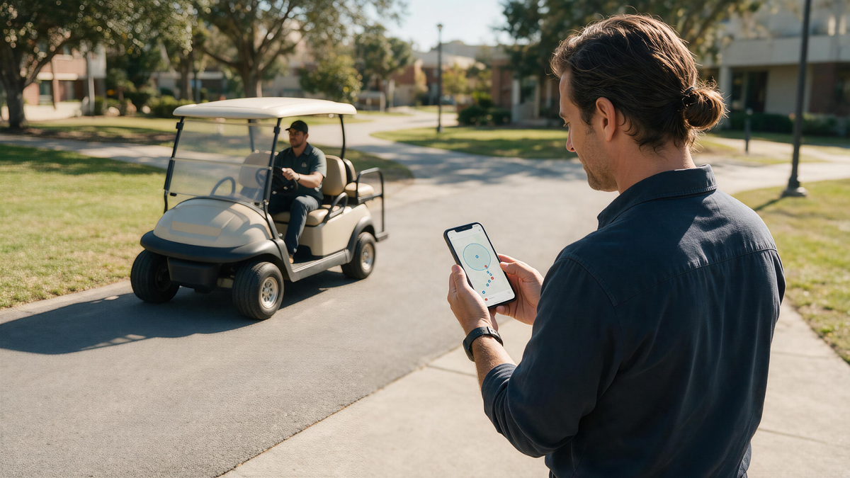 Property manager testing a golf cart GPS geofence alert