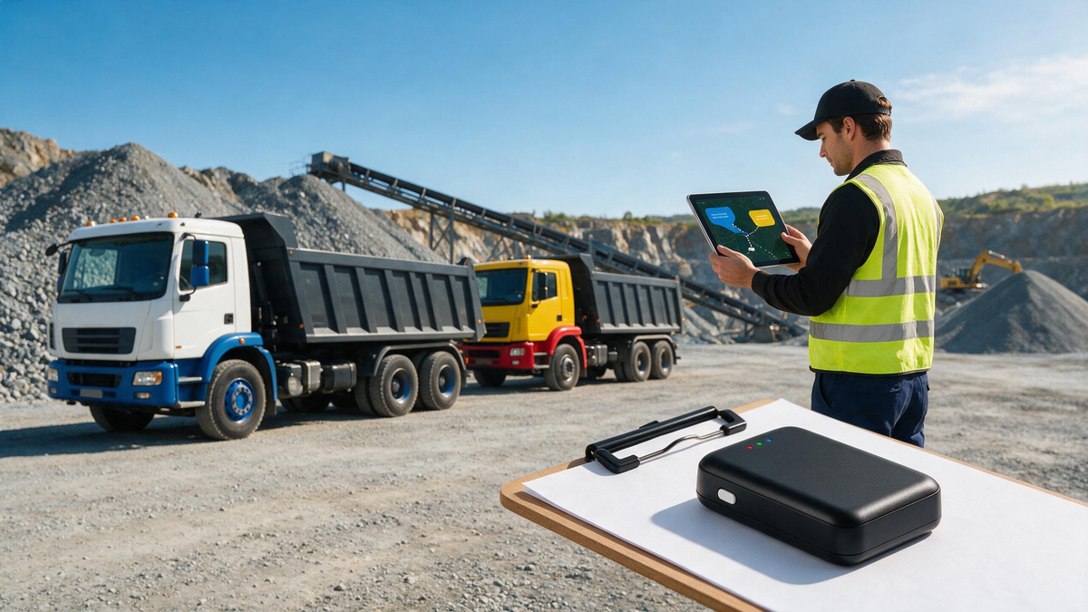 Dump-truck dispatcher reviewing an authorized quarry-to-job-site GPS route