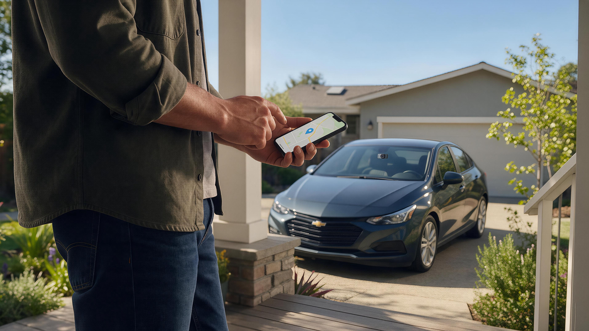 Dash Cam vs GPS Tracker: car owner checking a phone from a porch while the vehicle remains parked outside