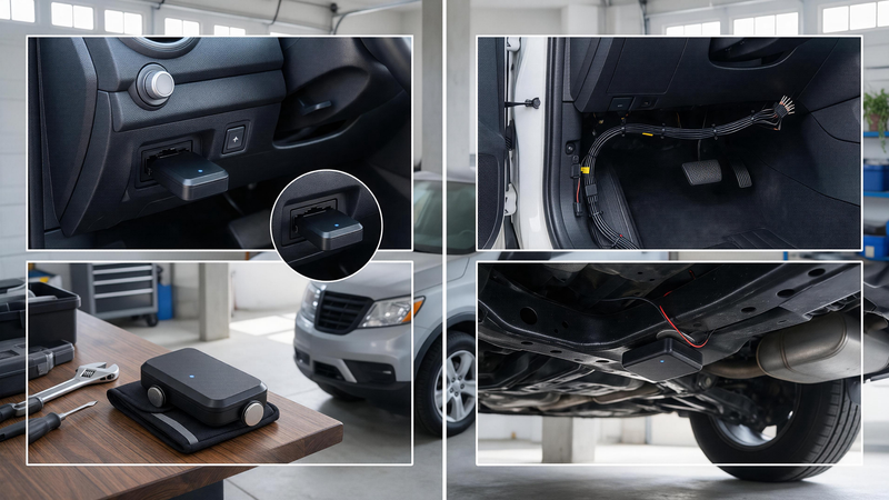 GPS Tracker When OBD Port Is Already in Use: OBD, magnetic and wired tracker options compared in a garage