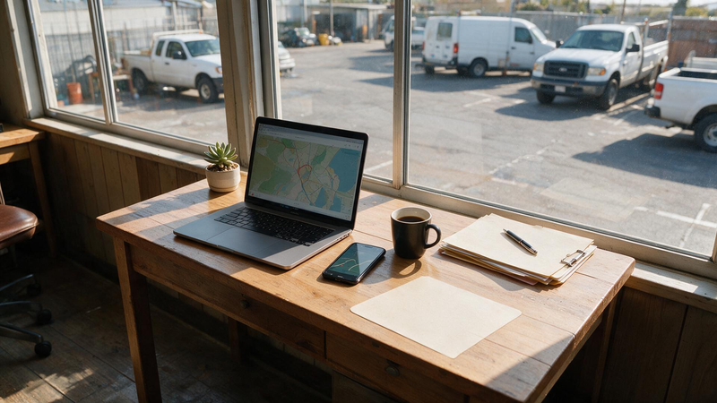 Linxup Review: a small-fleet office desk with a route map on screen and the wired tracker