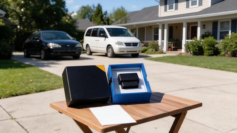 Connected Car Tracking Services: OBD tracker in its box on a table in front of two cars