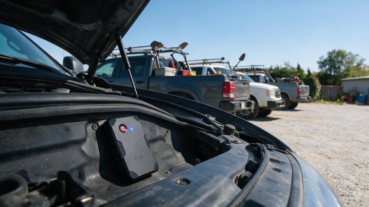 Service Truck Tracking: wired GPS tracker shown in its installation position in a work-vehicle yard