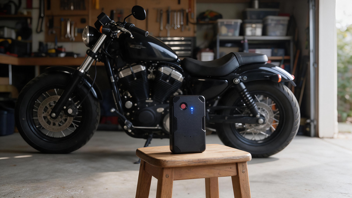Moto Watchdog Review: magnetic GPS tracker beside a parked motorcycle in a garage