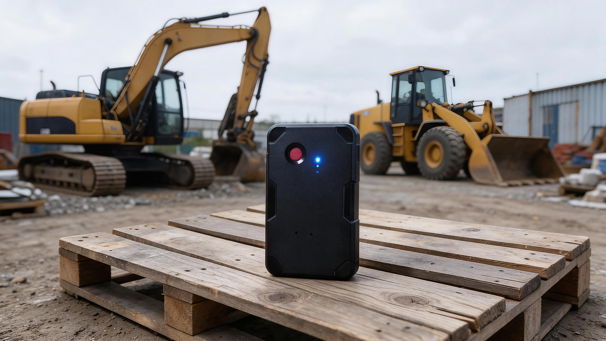 Plant Machinery Tracking: magnetic tracker on a pallet beside parked plant machinery