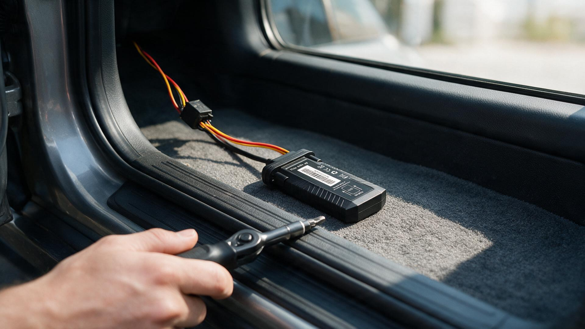 GPS Tracker With Kill Switch: remote engine shut-off unit in a footwell during install