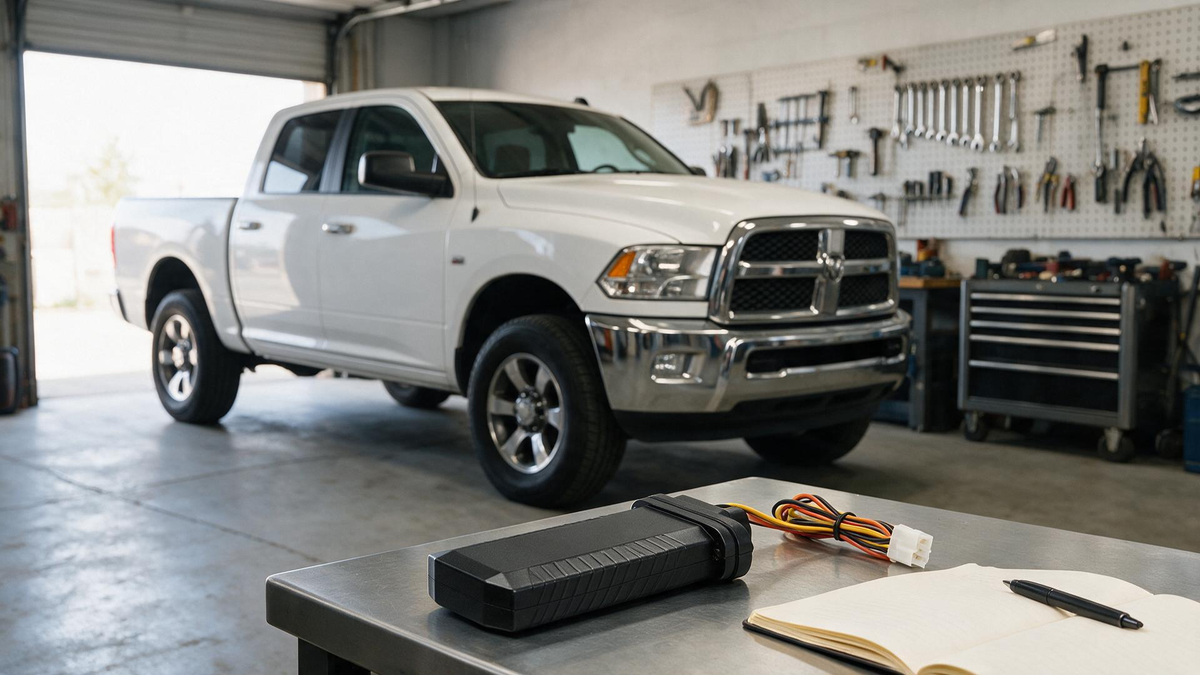 GPS Tracker Upkeep: wired tracker on a garage bench beside a work vehicle