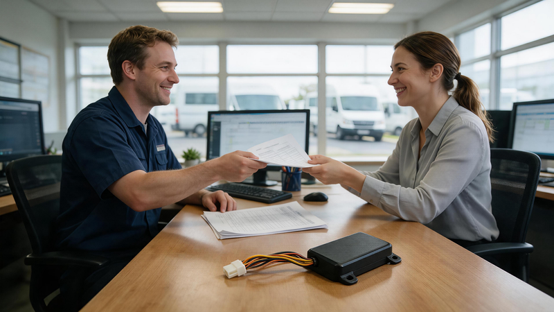 GPS Tracking Dispatcher Shift Handoff: two dispatchers passing a handoff sheet across a desk