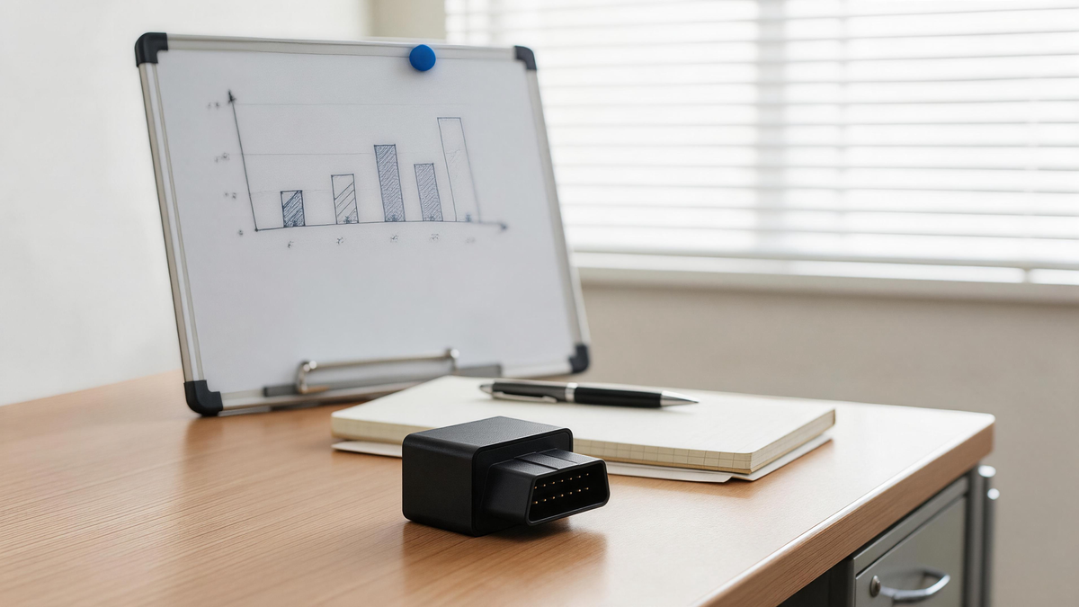 Fleet GPS Cost Per Vehicle: OBD tracker on a desk in front of a cost comparison chart
