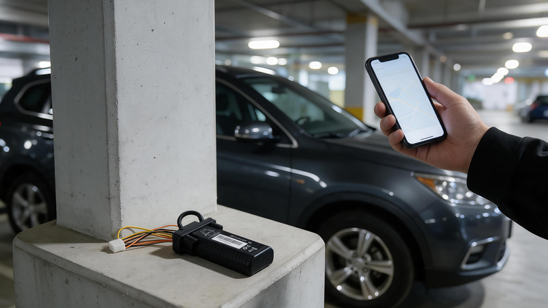 GPS Tracker Not Reporting: wired tracker by an indoors-parked car and a phone map
