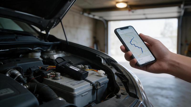 GPS Tracker Missing Trips: wired tracker on a car seat beside a phone route with a gap