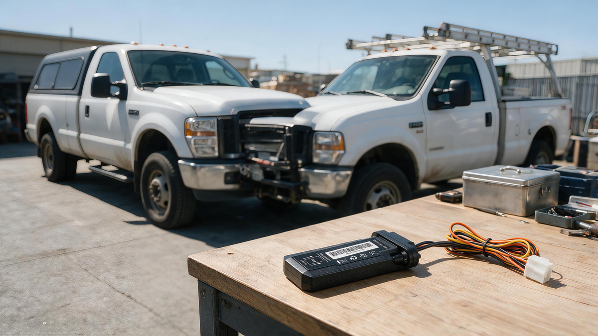Work Truck GPS Tracking: wired GPS tracker with work trucks parked in a yard