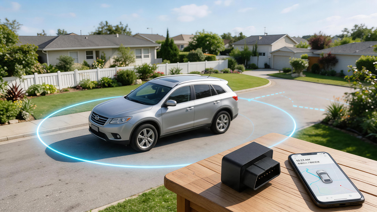 GPS Tracker Geofence False Alerts: aerial driveway geofence with one car inside