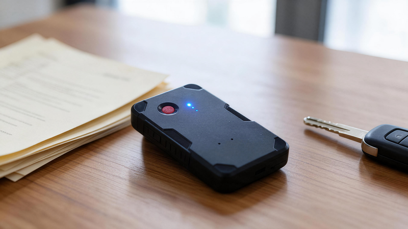 Vehicle Location Data Ownership: magnetic tracker on a desk with a key and paperwork