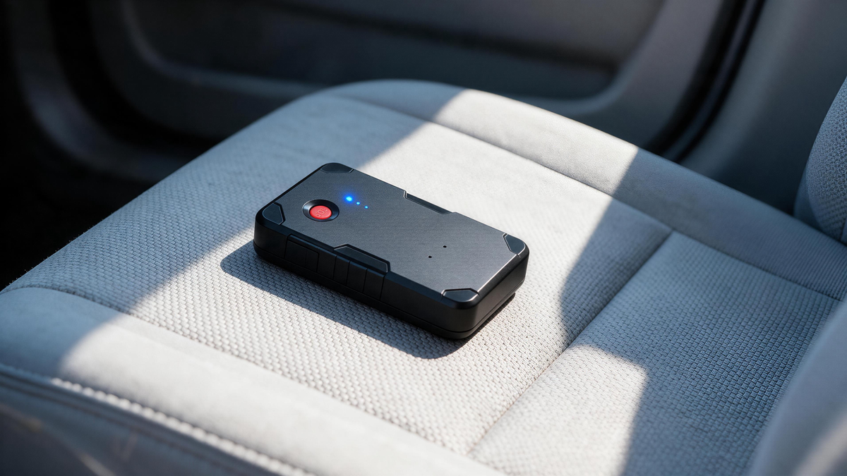 GPS Tracker Battery Life No Wiring: magnetic tracker resting on a car seat