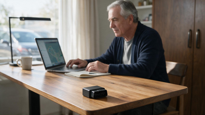 GPS Tracker Without a Smartphone: laptop map in a home office with a car outside