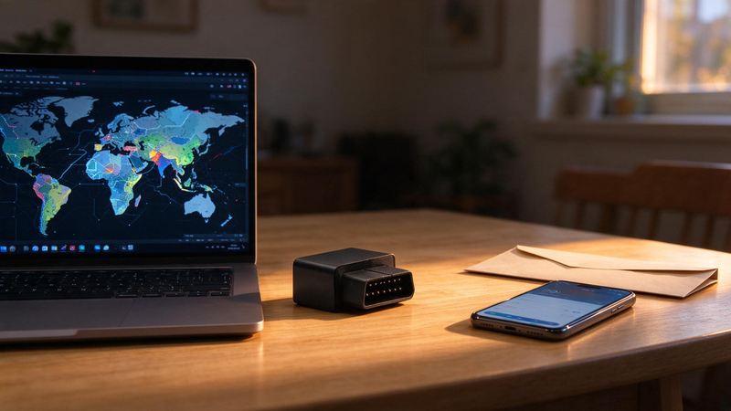 Vehicle Tracking Device No Monthly Fee: OBD tracker on a home table beside a laptop and phone