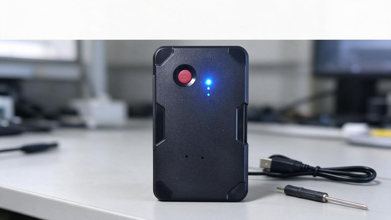 GPS Tracker Charging Routine: magnetic tracker charging on a workshop bench