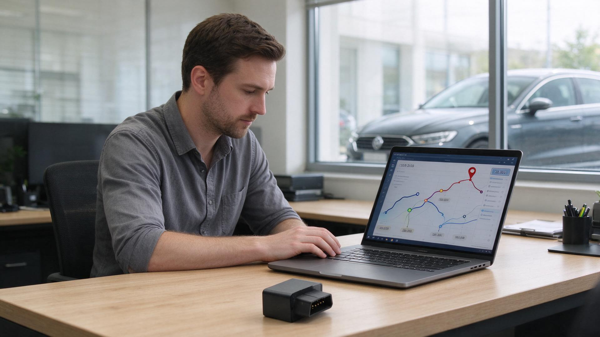 GPS Route History Meaning: laptop route timeline in an office overlooking parked cars