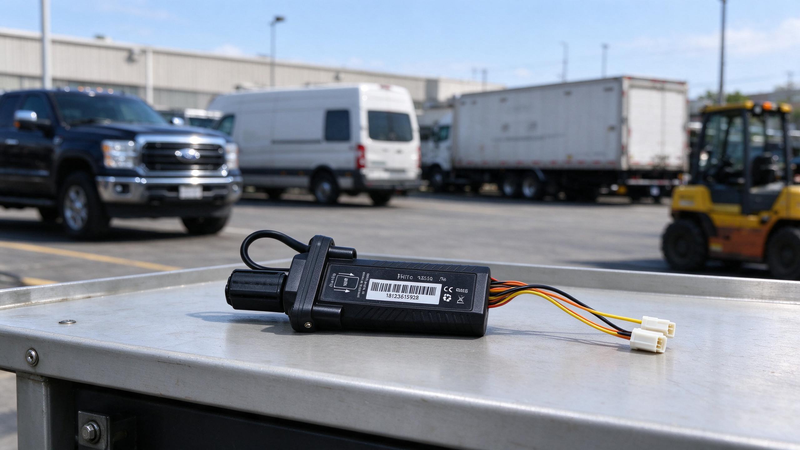 Mixed Fleet Tracking: wired tracker in a yard of trucks, a trailer and equipment