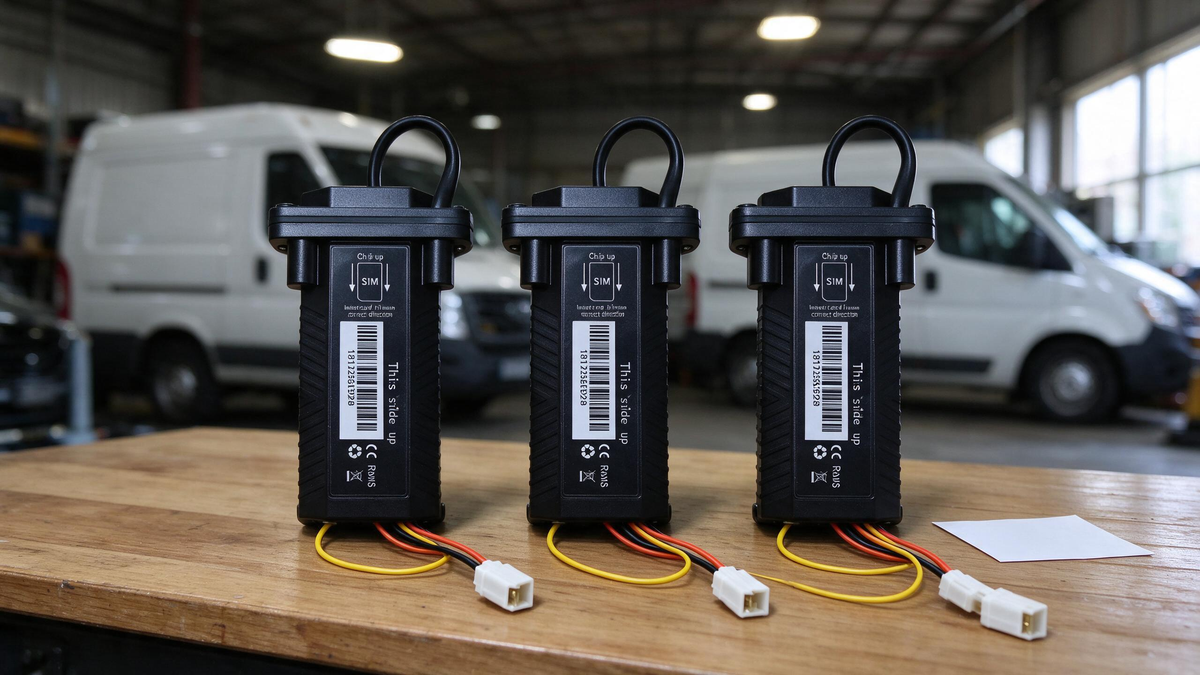 GPS Tracker Maintenance: three wired trackers in a row on a depot workbench
