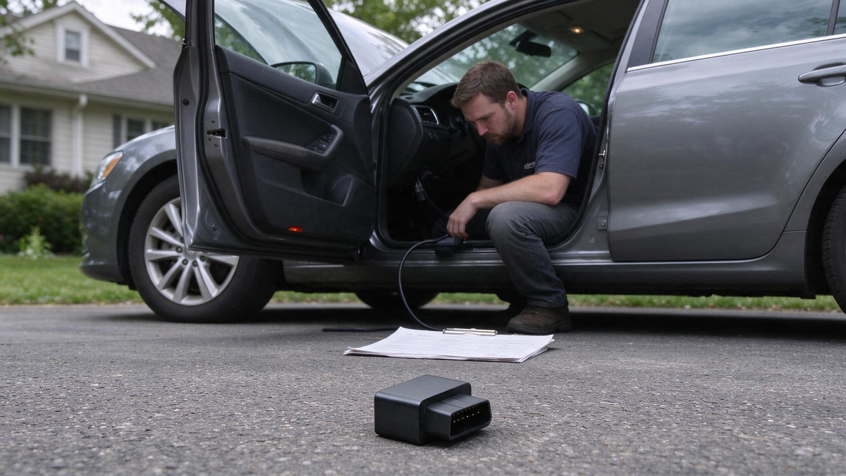 GPS Tracker After Car Battery Replacement: driver checking the tracker under a dash