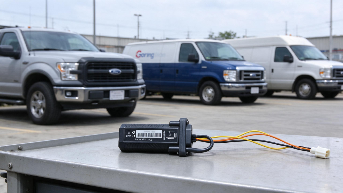 Company Vehicle Tracker Policy: wired tracker in a yard of parked company vehicles