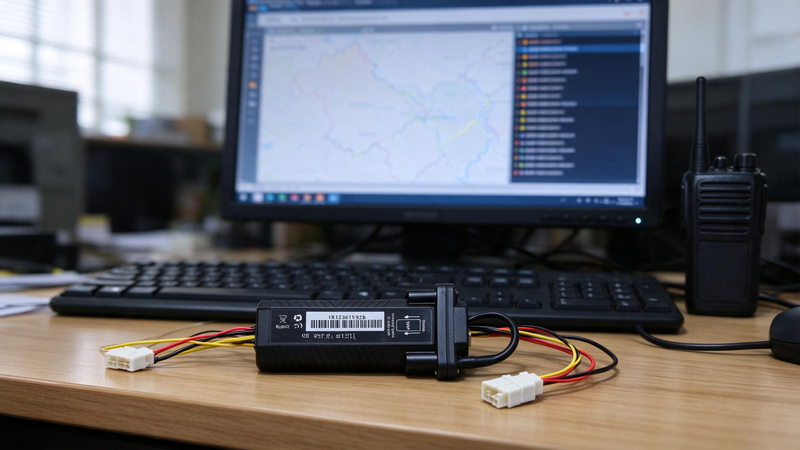 Vehicle Tracker Alerts: wired tracker beside a dispatch monitor showing an alert list