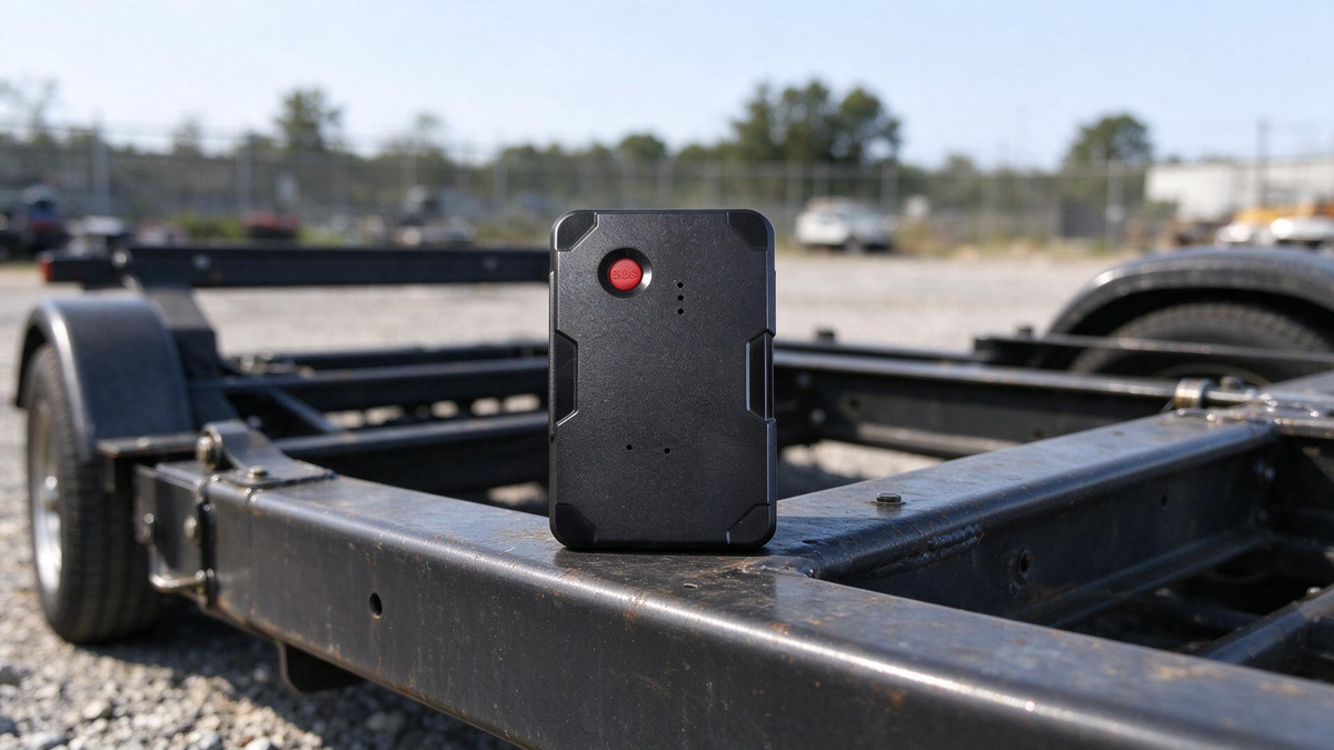Trailer GPS Tracker Without Power: magnetic tracker on a cargo trailer frame rail