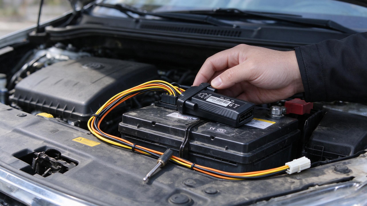 Hardwired GPS Tracker Installation: wired tracker and harness during a vehicle install