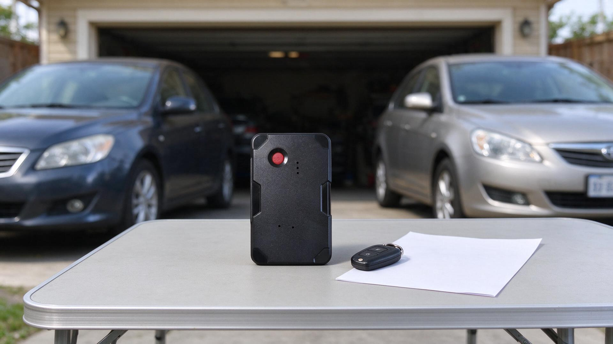 Move GPS Tracker Between Vehicles: magnetic tracker on a table between two cars