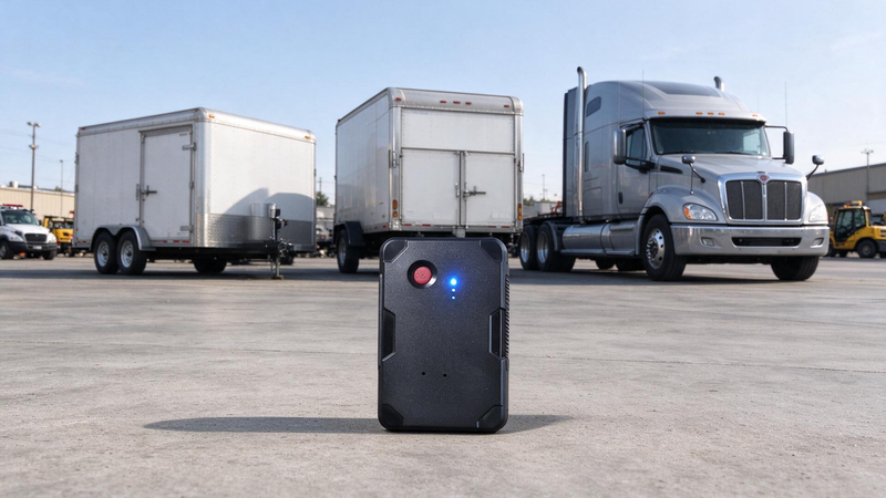 A GPS tracker in the foreground of an equipment yard with box trailers and a semi-truck tractor