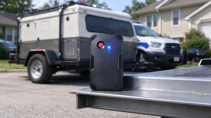A GPS tracker with an SOS button on a trailer frame, with an enclosed trailer and pickup truck behind it