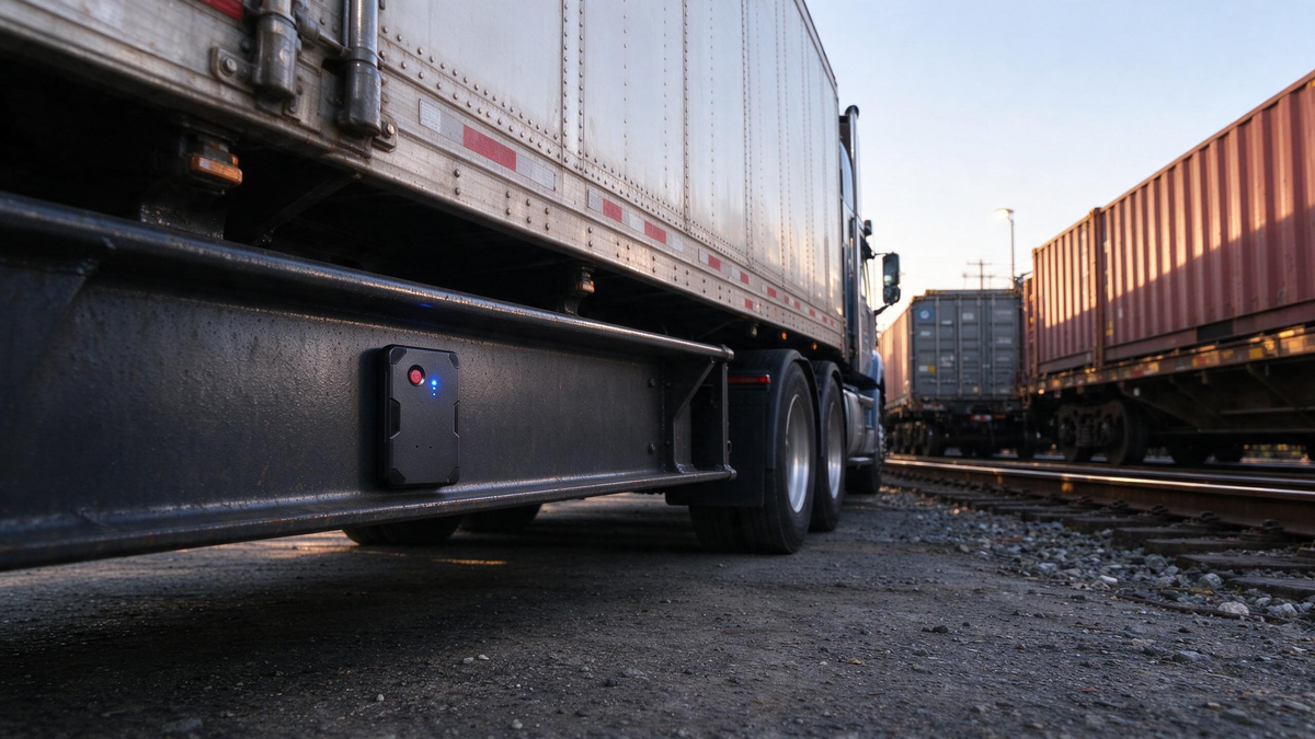 A GPS tracker with an SOS button attached to a semi-trailer frame in an intermodal rail yard