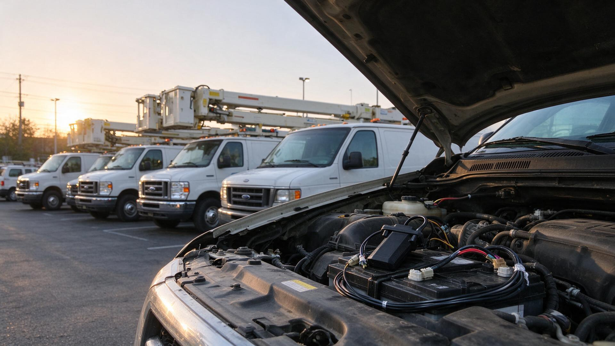 A wired GPS tracker installed beside the battery in a utility van engine bay at a fleet yard