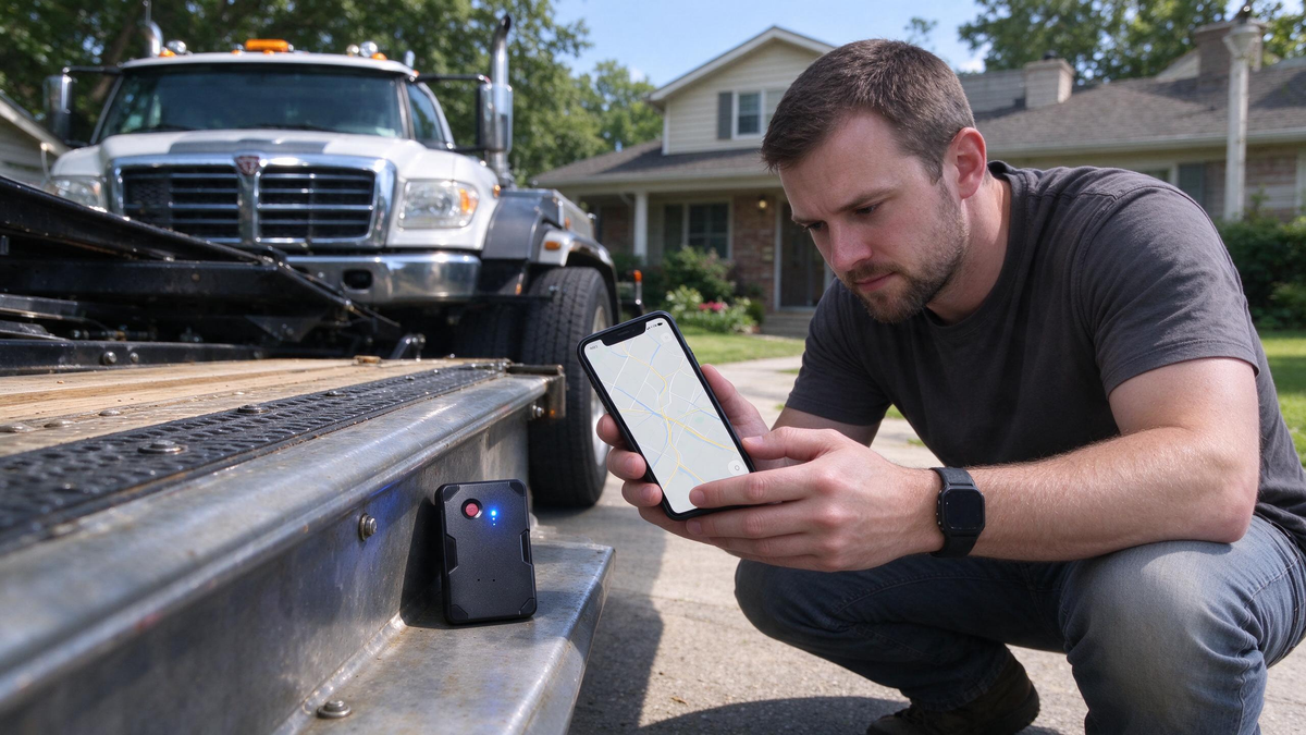 A person crouching beside a flatbed trailer checking their phone, with a GPS tracker on the trailer deck